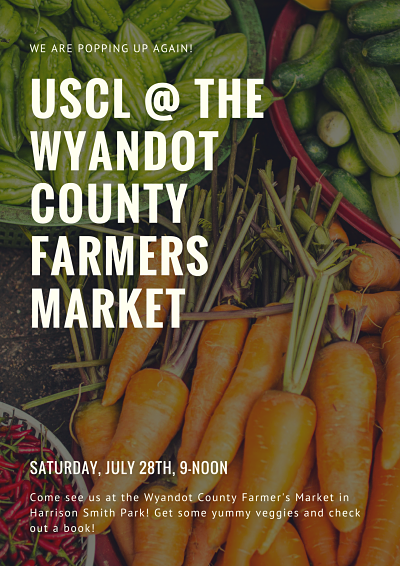 a flyer with the farmer's market information and picture of vegetables