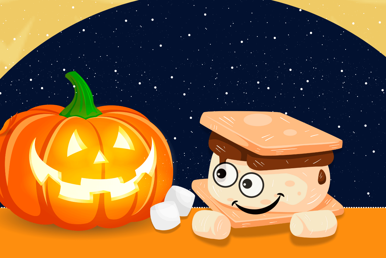 A jack-o-lantern beside a smiling s'more.