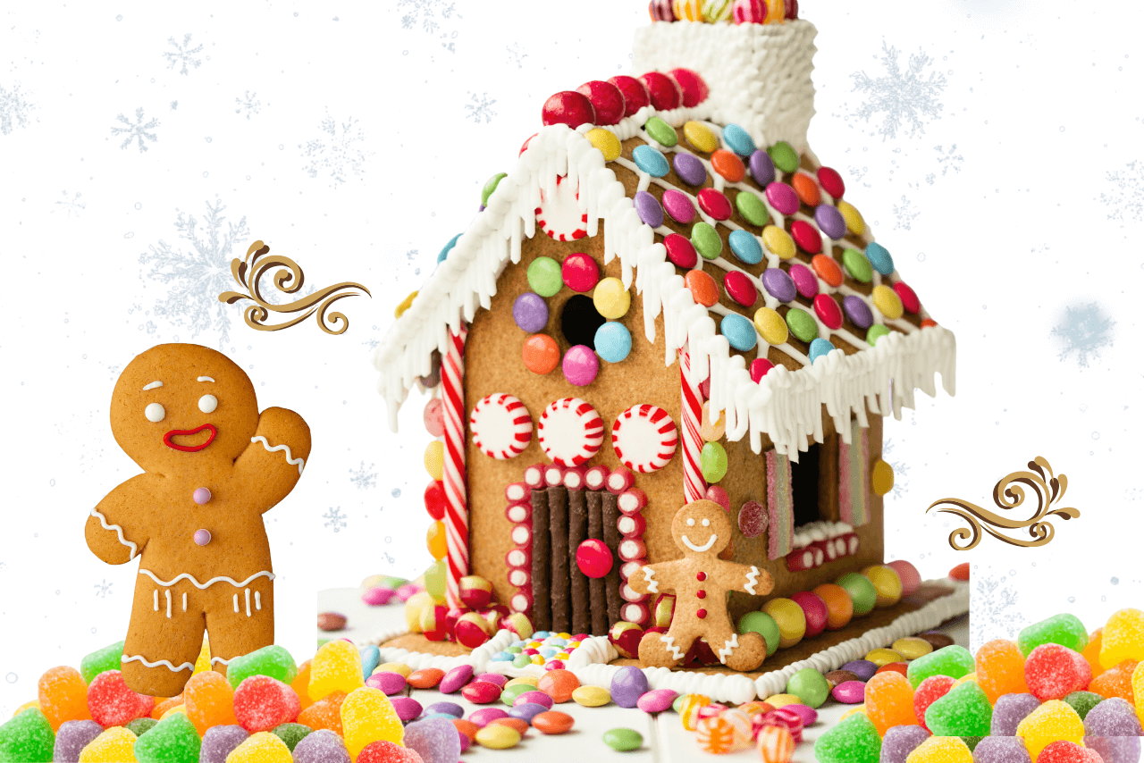 A gingerbread house and a gingerbread man surrounded by gumdrops.