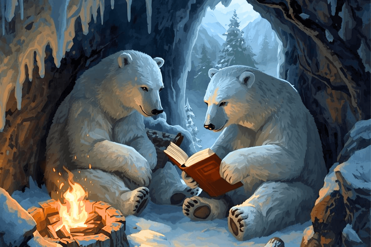 Two polar bears reading a book in a cave next to a fire. 