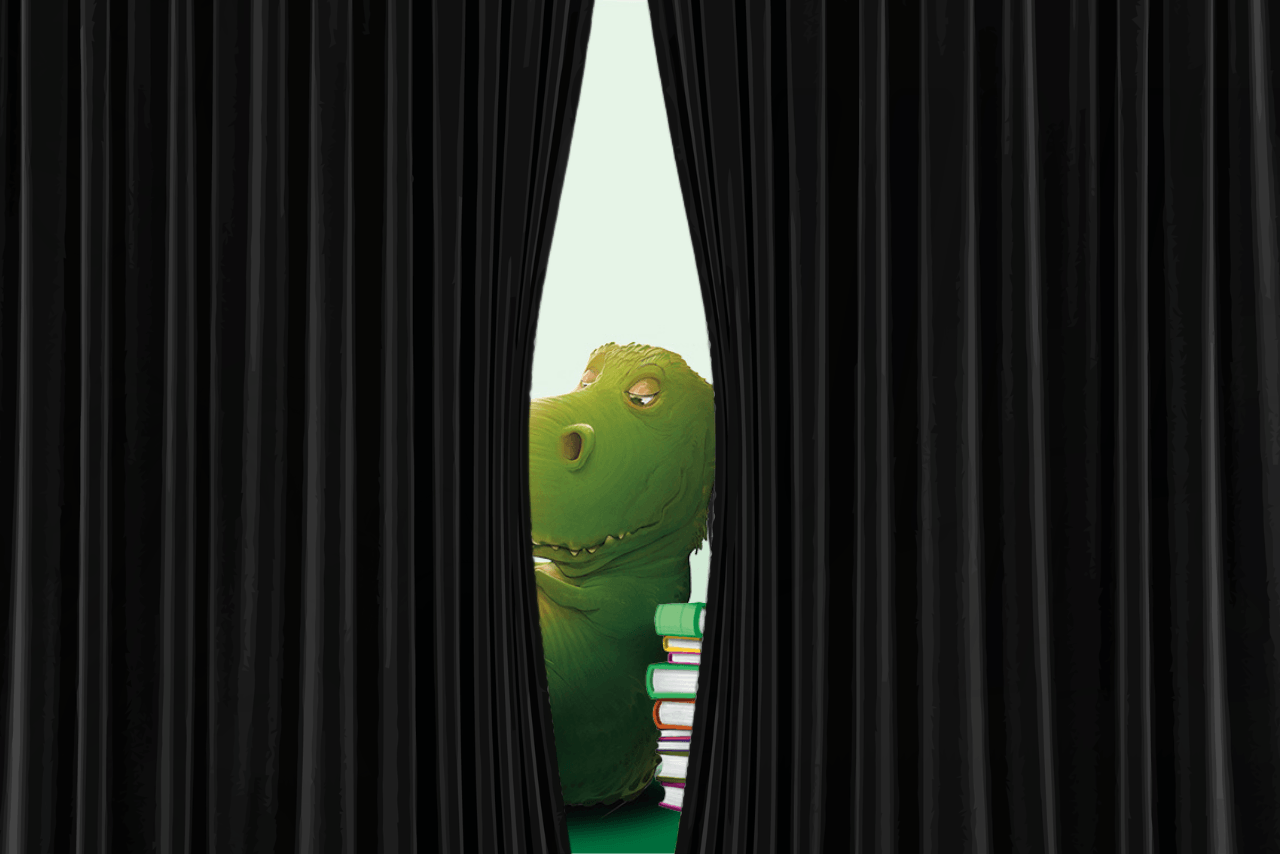 A curtain pulled back to reveal a sliver of a T-rex. 