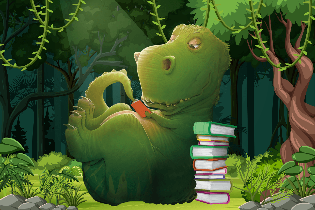 A T-rex reading a book in a jungle beside a stack of books. 