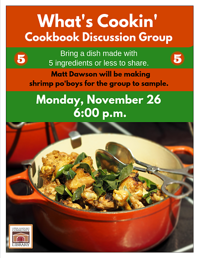 a flyer with information about what's cookin' cookbook discussion group
