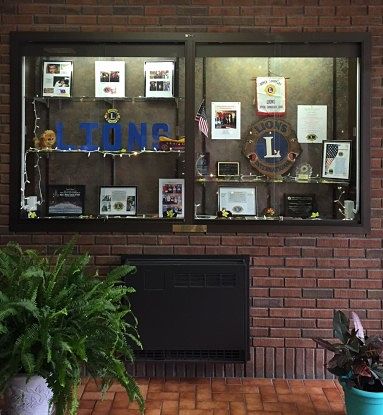 a large wall-mounted exhibit case in the front entry of the library.