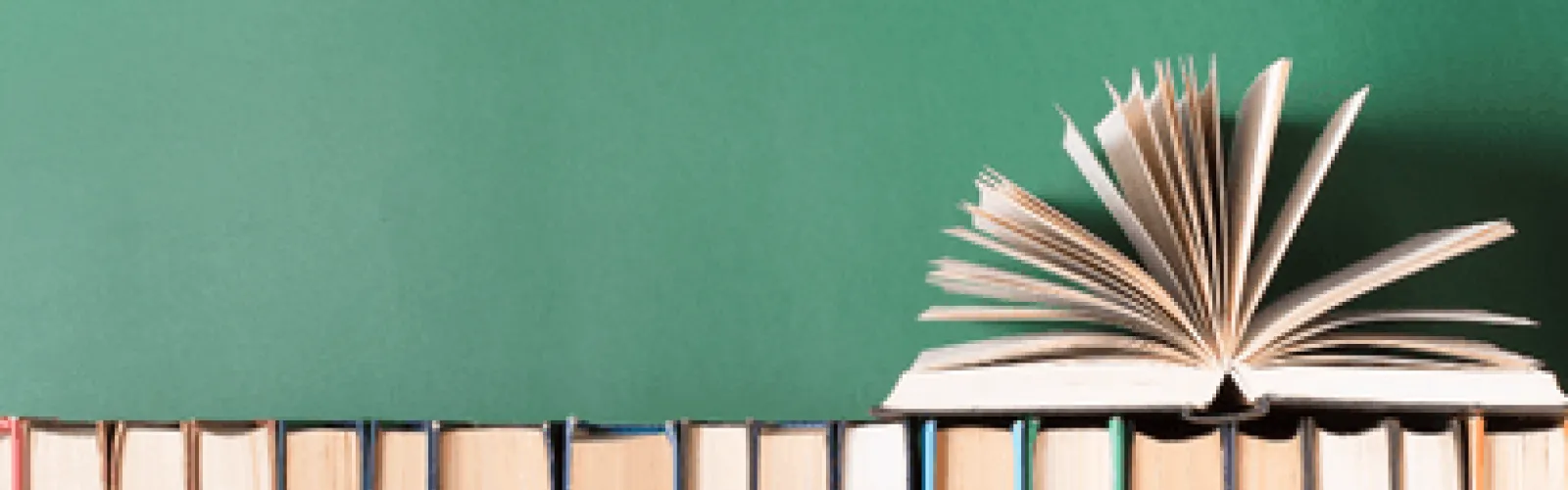 A row of books with another book opened on top, its pages fanned out.