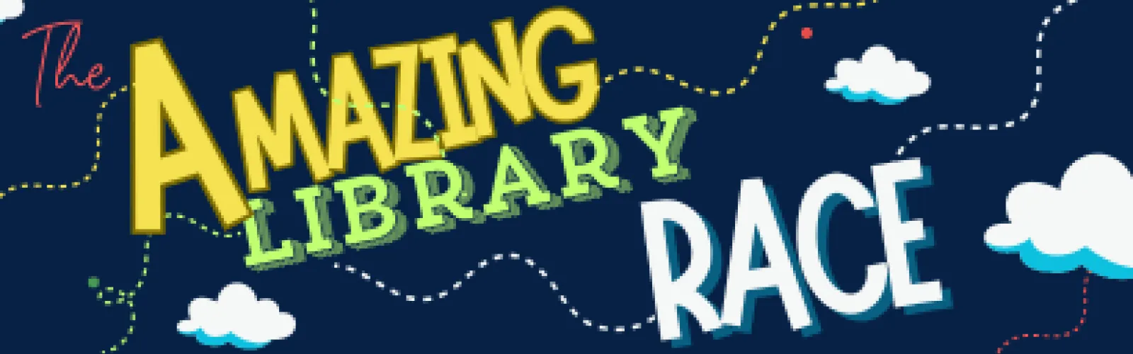 Dotted lines winding around the image. Text says The Amazing Library Race.