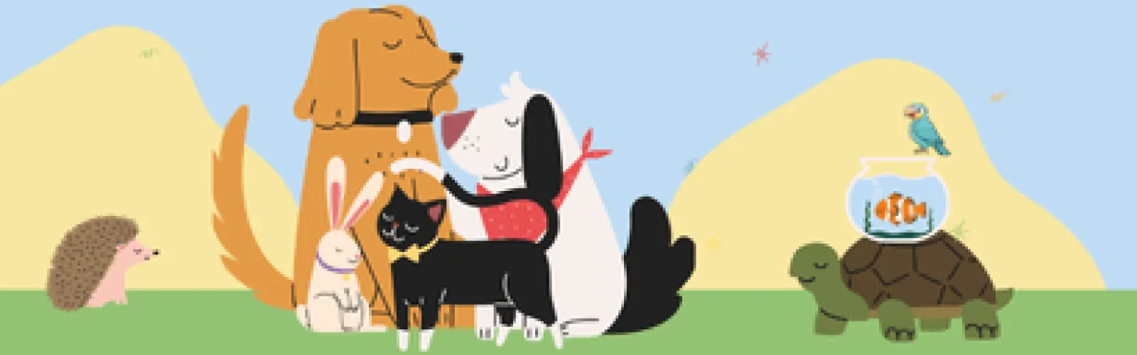 Dogs, a cat, a rabbit, a hedgehog, and a turtle with a fishbowl and a bird on its shell.