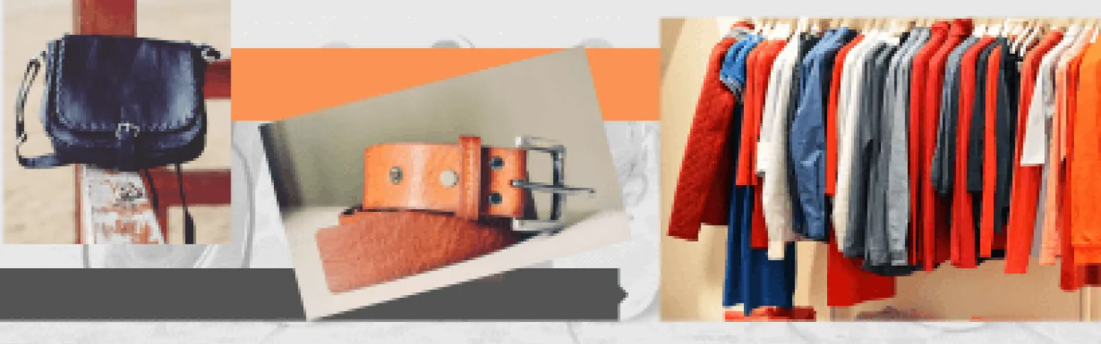 Clothes hanging on hangers, a belt, and a purse.