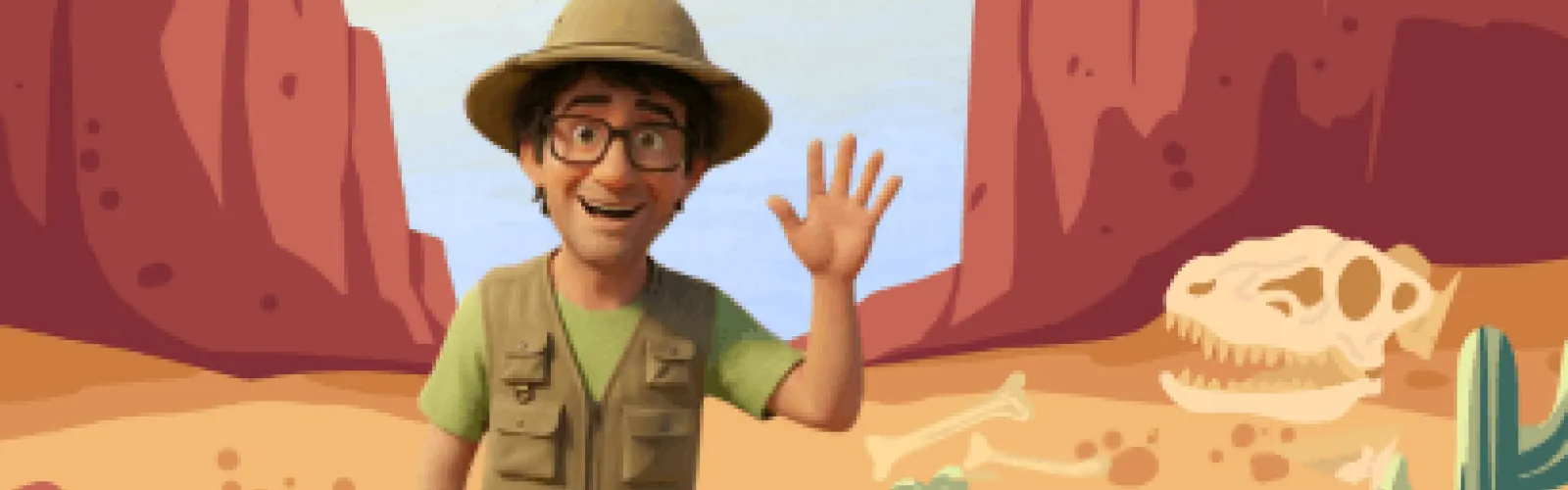 A cartoon man in adventure gear waving while in a desert and surrounded by mountains.