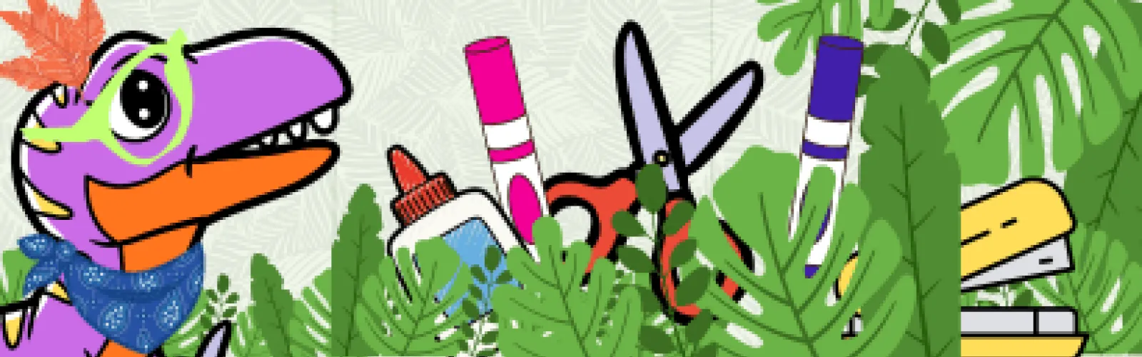 A sunglasses-wearing dinosaur with glue, scissors, markers, and stapler.