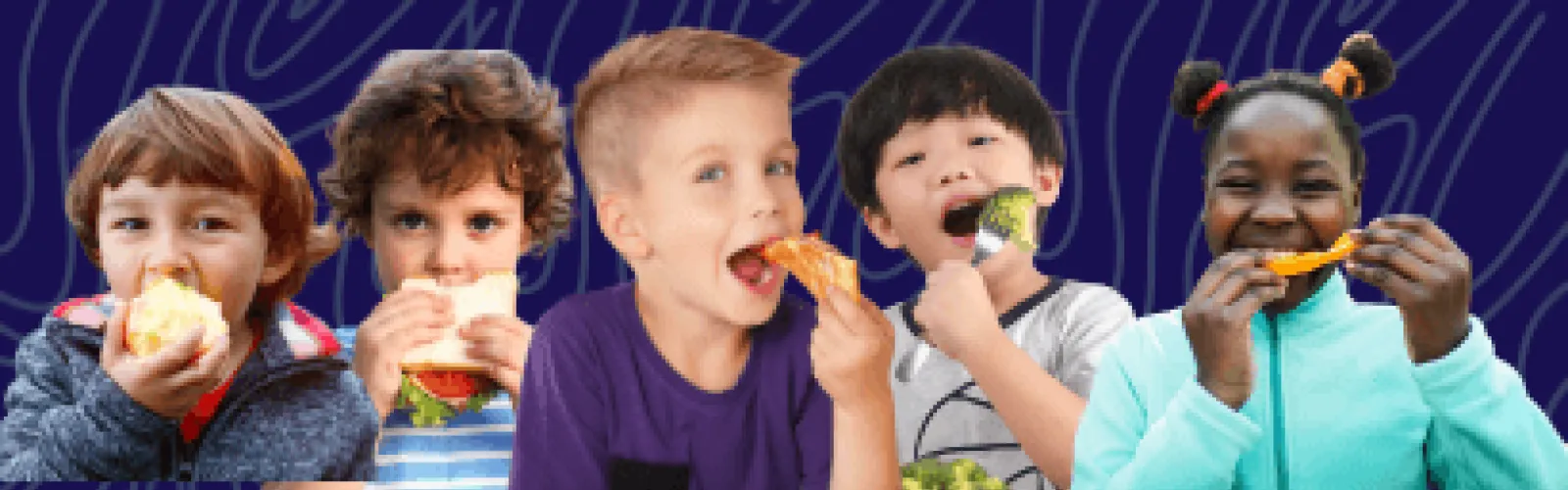 A row of kids eating various foods. 