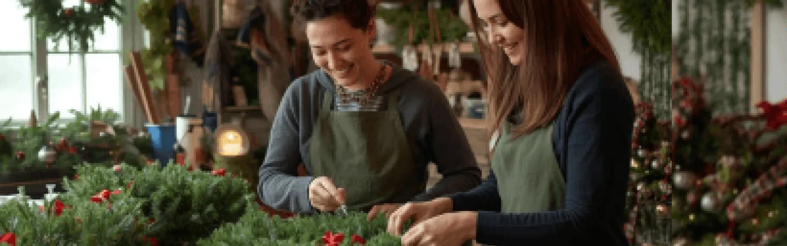Two women working evergreen branches into a Christmas swag on a bench. 