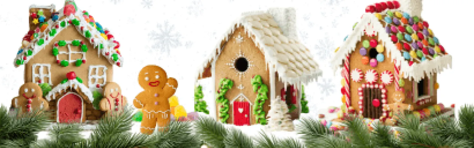 Gingerbread houses and a gingerbread man surrounded by gumdrops.