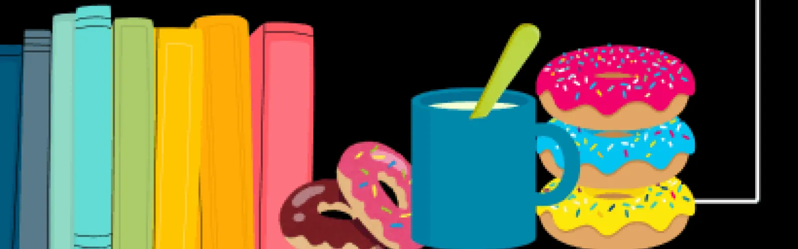 A stack of books, coffee, and donuts. 