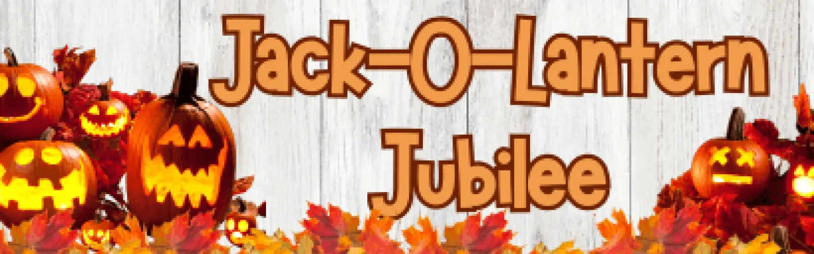 A bunch of jack-o-lanterns and leaves. Text says Jack-O-Lantern Jubilee. 