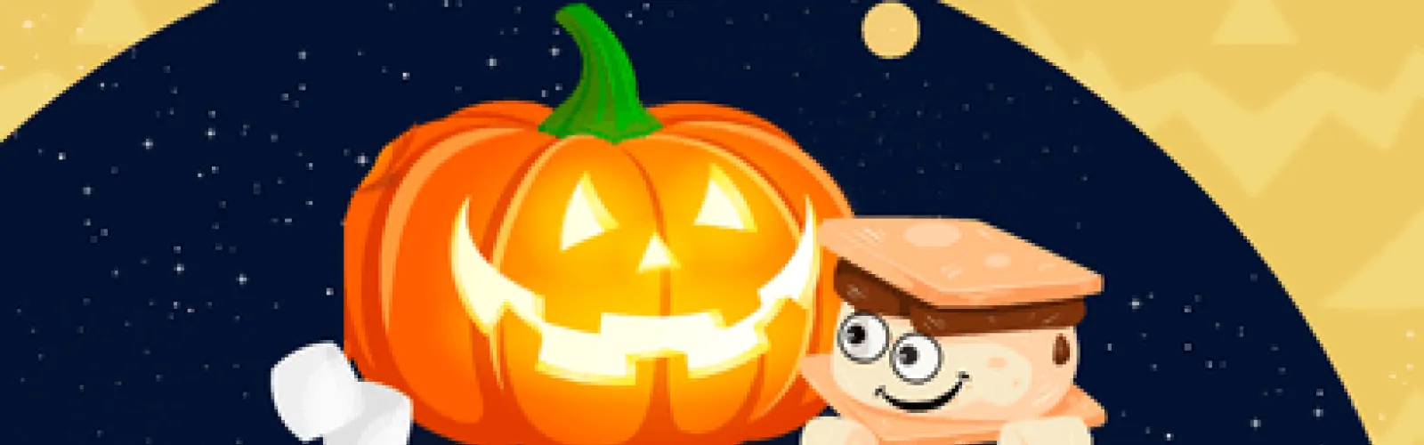 A jack o' lantern sitting beside a s'more sandwich.