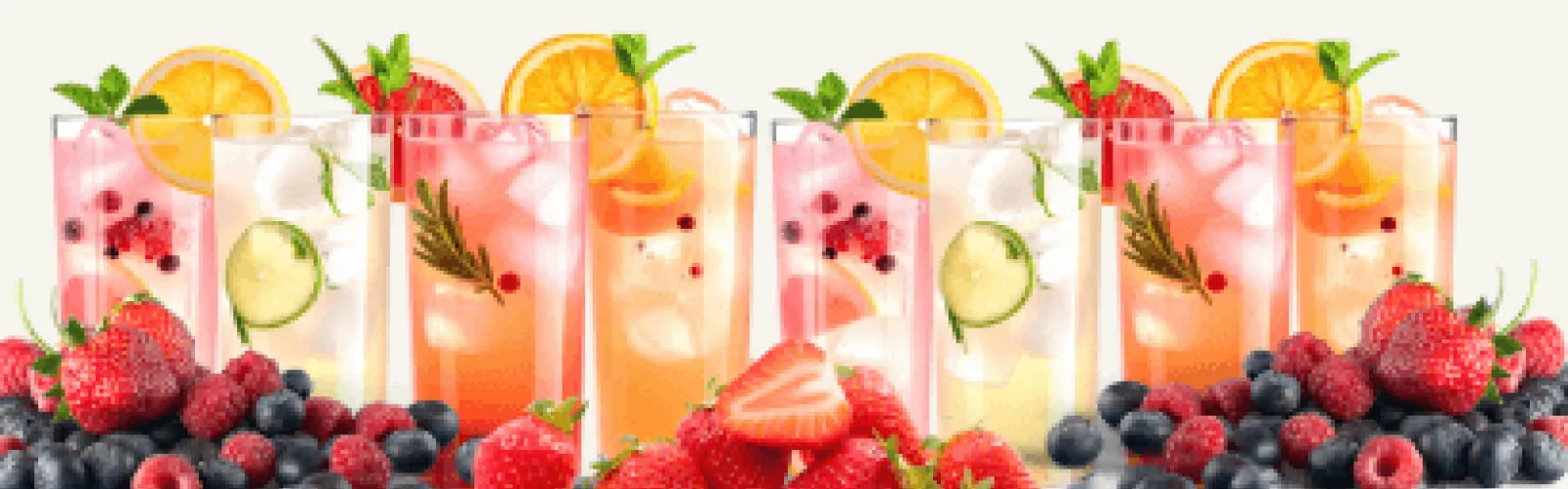 Glasses of colorful mocktail drinks with fruit. 
