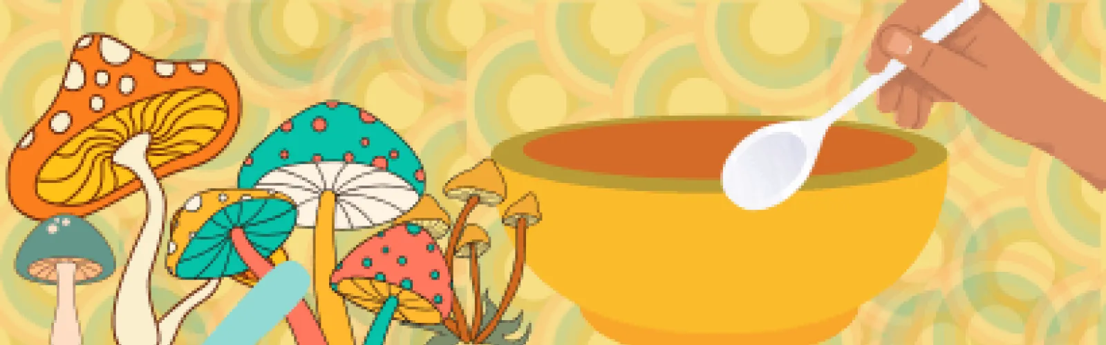 A hand dipping a spoon in a bowl next to a grouping of mushrooms.