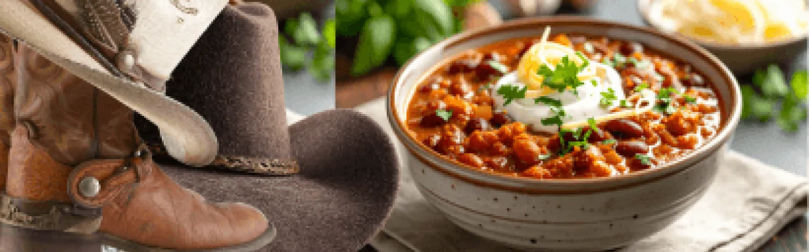 A bowl of soup next to a cowboy hat and boots. 