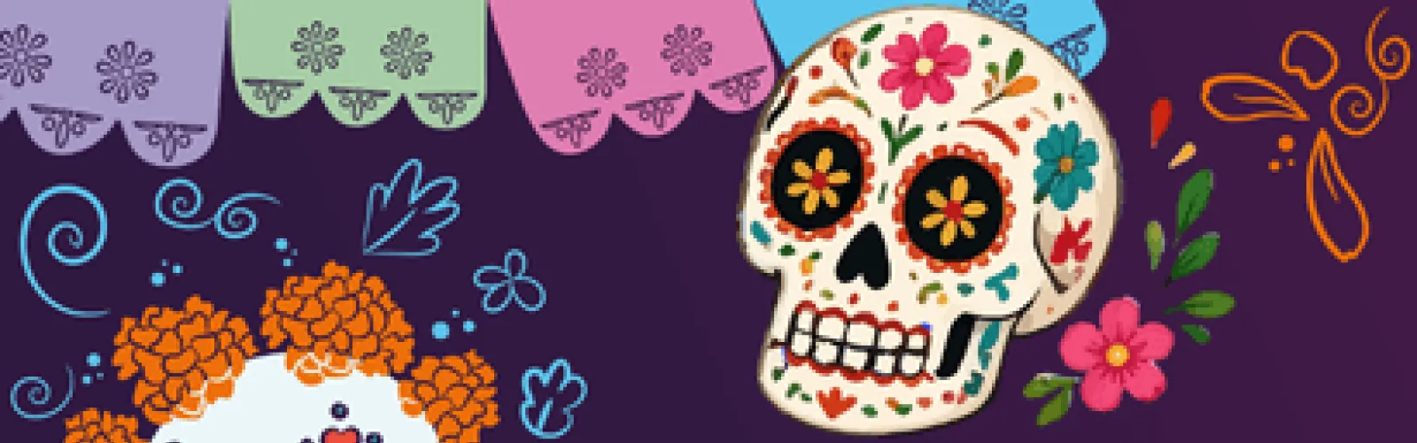 A sugar skull with flowers and banners. 