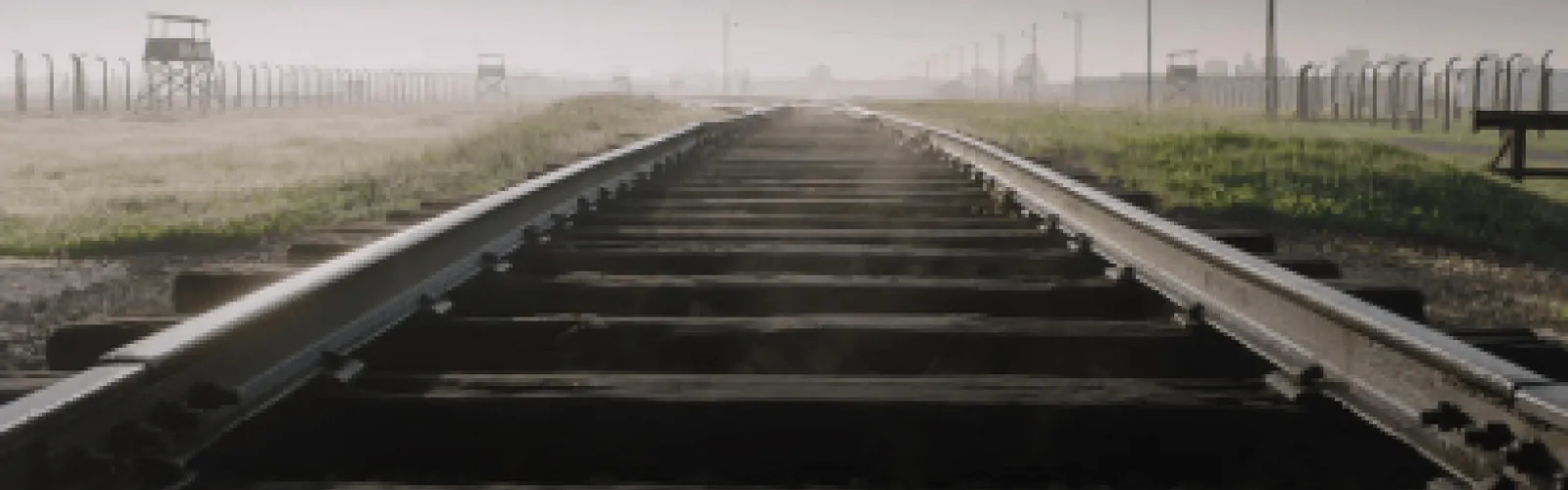 Train tracks moving out into the misty distance. 