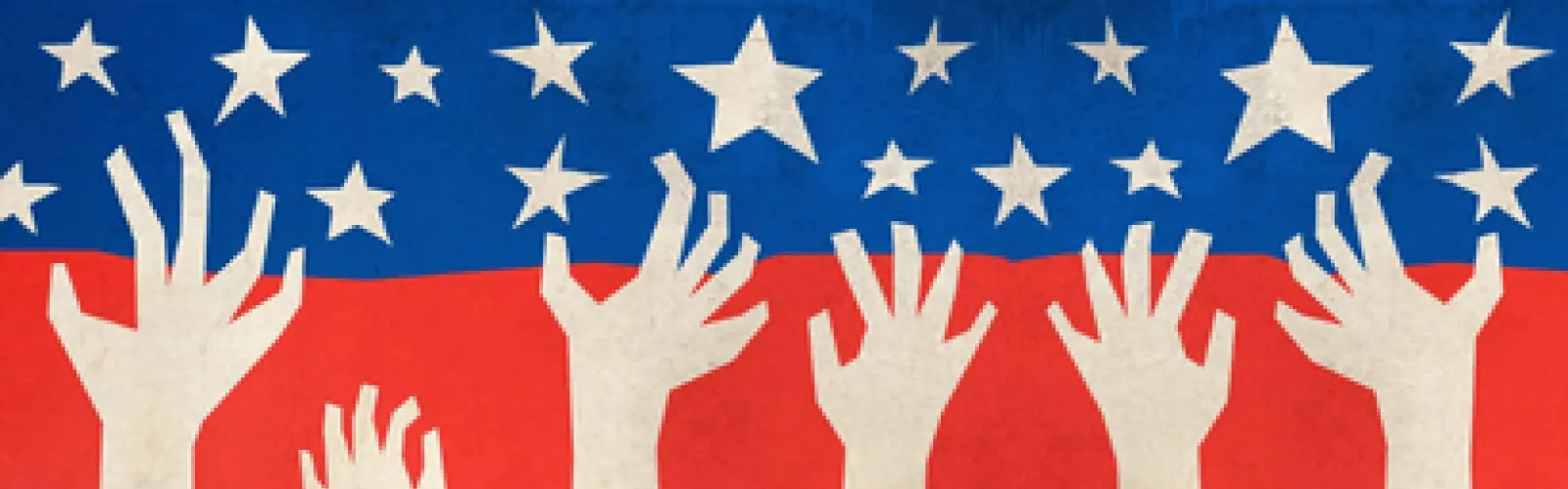 Hands reaching up. The American flag on the background. 