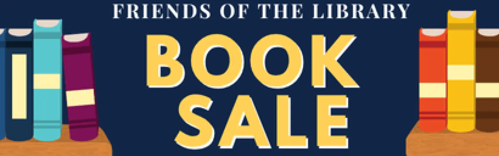 Shelves of books. Text says Friends of the Library book sale.